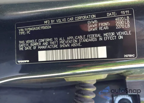 2012 Volvo S80 3.2 Premier Plus from USA, damaged, VIN YV1940ASXC1156504